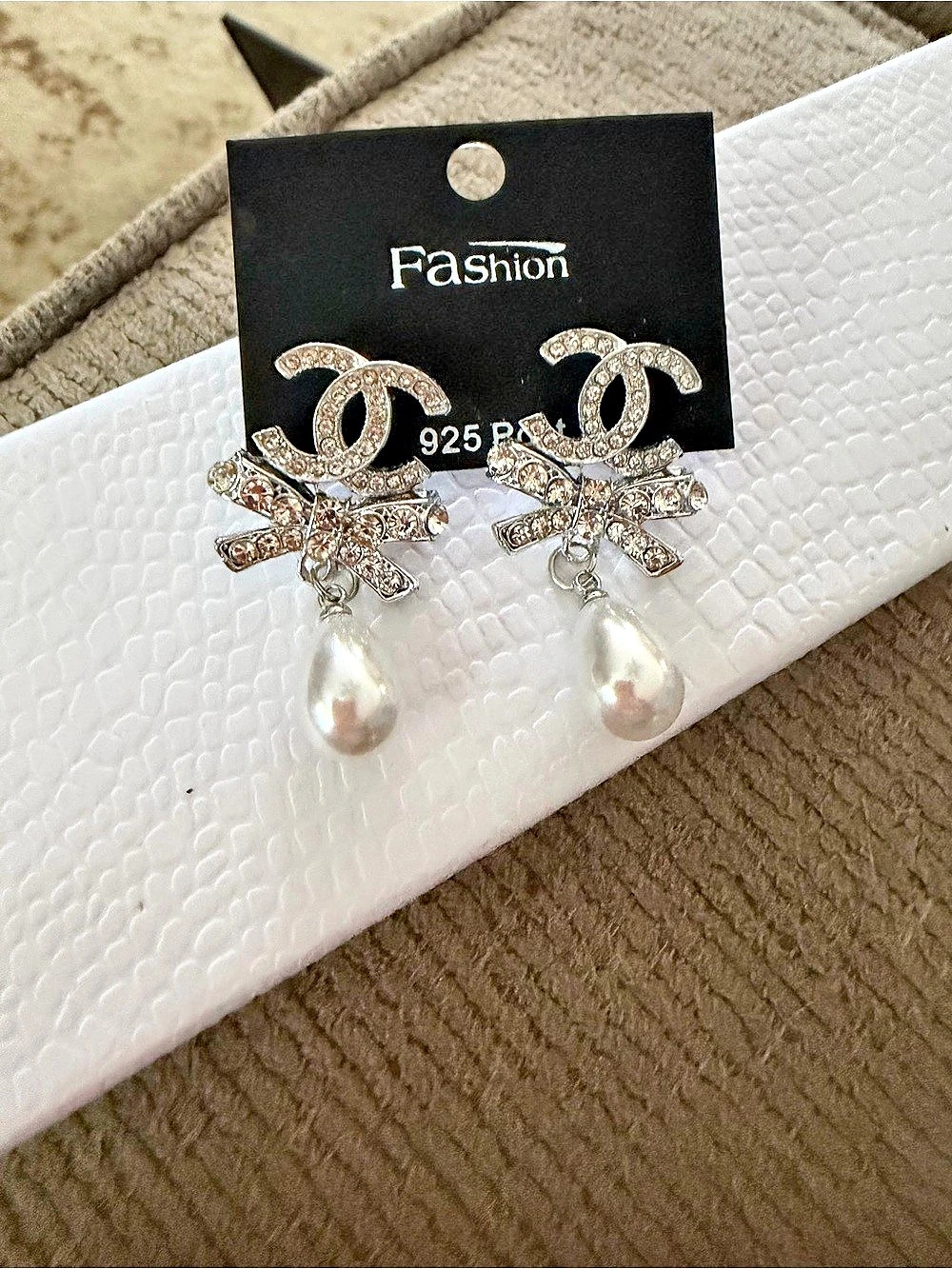 Rhinestone Bow Pearl Drop Earrings in Silver NWT